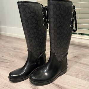 Coach Black Signature Logo Tall Lace-Back Rain Boots